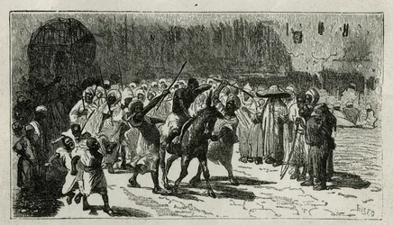 varkaan puhe, kiipeää muulin selkään, hän saa pamppuja väkijoukon sävyjen alla, C. Biseon kaiverrus havainnollistamaan Edmondo de Amicisin tarinaa Le Maroc, vuonna 1875, julkaistu tour du monde -lehdessä. Edouard Chartonin suuntaan