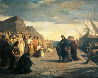 Agrippina saapuu Brindisin satamaan Germanon tuhkan kanssa, kirjoittanut Cesare Caroselli (1847-1927), öljy kankaalle, Julio-Claudian-dynastia, Italia