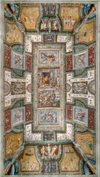 Pier Maria Rossi, jolla on Pyhän Mikaelin ritarikunnan kunnia, Näkymä Sala delle Gesta Rossianen katolle, Rocca dei Rossi, San Secondo, Parma, Italia, n. 1570 (fresko)