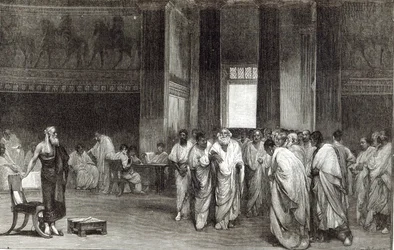Appius Claudius taivuttelee senaatin hylkäämään Pyrrhoksen rauhantarjouksen, julkaisusta "Leisure Hour", 1891