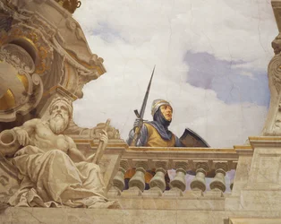 Yksityiskohta Cesare Marianin (1826-1901) freskosta "Allegoria Italiasta", Enemmistön salin katto, Palazzo delle Finanze (Rahoituspalatsi), Rooma. Italia