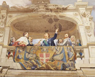 Yksityiskohta Italian allegoriasta, Cesare Marianin (1826-1901) fresko, katto, Hall of Majority, Palazzo delle Finanze (rahoituspalatsi), Rooma. Italia