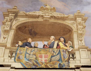 Yksityiskohta Italian allegoriasta, Cesare Marianin (1826-1901) fresko, katto, Hall of the Majority, Palazzo delle Finanze (rahoituspalatsi), Rooma. Italia