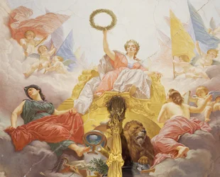 Yksityiskohta Italian allegoriasta, Cesare Marianin (1826-1901) fresko, katto, Hall of the Majority, Palazzo delle Finanze (rahoituspalatsi), Rooma. Italia