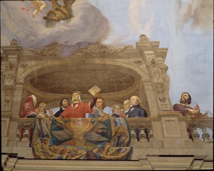 Yksityiskohta Italian allegoriasta, Cesare Marianin (1826-1901) fresko, katto, Hall of the Majority, Palazzo delle Finanze (rahoituspalatsi), Rooma. Italia