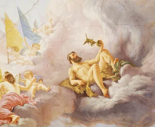 Yksityiskohta Italian allegoriasta, Cesare Marianin (1826-1901) fresko, katto, Hall of Majority, Palazzo delle Finanze (rahoituspalatsi), Rooma. Italia