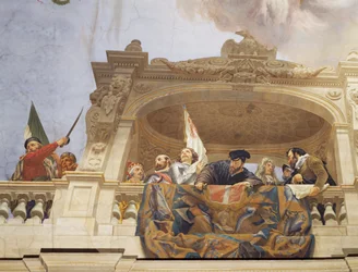 Yksityiskohta Italian allegoriasta, Cesare Marianin (1826-1901) fresko, katto, Hall of Majority, Finance Palace, Rooma. Italia