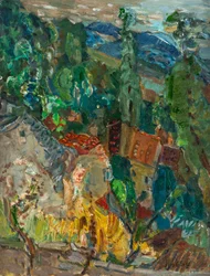 Kaupunkikuva sypressipuilla, Etelä-Ranska, 1920-1930-luvut.