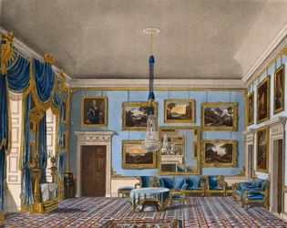 Sininen samettisali, Kaiverrus Daniel Havell (1785-1826), Perustuu Charles Wildin (1781-1835) suunnitteluun, Kuninkaallisten asuntojen historiasta