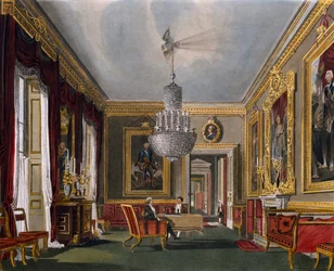 Läntinen eteishuone, kaiverrus Richard Reeve (s. 1780), Perustuu Charles Wildin (1781-1835) suunnitteluun, Kuninkaallisten asuntojen historiasta