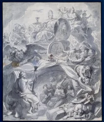 Allegoria: "" Harhaopin voittokirkko tai uskonnon voitto"" Guassin piirtäminen ja Charles Lebrunin (Le Brun) (1619-1690) työpajan pesu 1600-luvun Pariisissa, Musee du Louvre