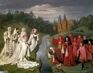 Burgundin talon yhdeksän prinssiä ja kahdeksan prinsessaa Philippe Hardista Charles Temeraireen metsästämässä haukkaa tai kalastamassa siimaa linnan puistossa Charles Alexandre (Charles-Alexandre) Debacqin (1804-1850) maalaus Janin jälkeen Van Eyck