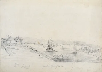 Oikealla Baudinin retkikunnan ranskalaisten leiri Bennelongin pisteessä, vasemmalla Sydney, Nicolas Bayley-lyijykynän ja musteen koti Charles Alexandre Lesueur