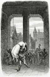 Quasimodo pelastaa Esmeraldan teloituksesta - kuvitus Notre Dame de Parisista, 1800-luku (bw-kaiverrus)