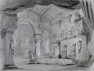 Lavastus palatsin sisustuksesta Giuseppe Verdin (1813-1901) oopperan "Macbeth" esitykseen Theatre Lyriquessa, Chatelet, 1865 (hiili ja valkoinen liitu paperille)