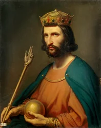 Hugo Capetin (941-996), vuoden 987 Ranskan kuninkaan, muotokuva. Hän pitää kädessään valtakunnanomenaa ja valtikkaa, vallan symboleja. 1800-luku. Mitat: 0,91 x 0,74 m