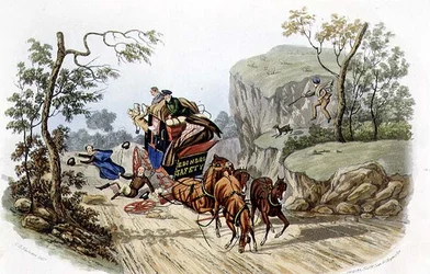 "Parhaille nimitetyille valmentajille tapahtuu onnettomuuksia!", kaiverrus R.G. Reeve (fl.1811-37) pub. Kirjailija: Thomas McLean
