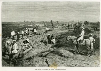 Transkaspian kiskojen laskeminen. Kaiverrus Ch. Barbant havainnollistaa Edgar Boulangerin tarinaa Voyage a Merv, in le tour du monde 1887, ohjaaja Edouard Charton (1807-1890), Hachette, Paris.