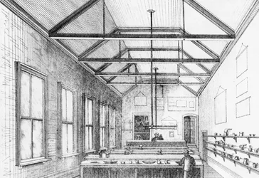 Kemiallinen laboratorio, Dulwich College, n. 1870 (litografia)