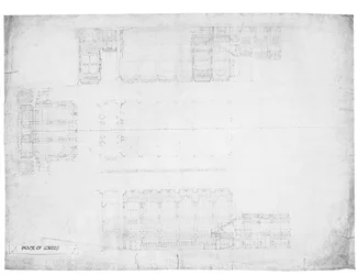 Suunnittelu House of Lordsin itä-, länsi- ja pohjoiskorkeuksiin, n. 1842 (kynä paperille)