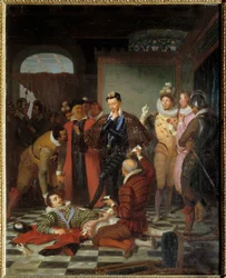 Ranskan kuningas Henrik III työntää syrjään Lorrainen Henrik I:n, Guisen herttuan, lisänimeltään Arpinaama (1550-1588), ruumiin tämän Blois