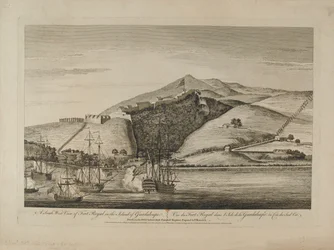 ?Etelänäkymä Fort Royalista Guadaloupen saarella?, 1759 noin