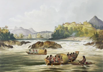 Brasilialainen São Gabrielin linnoitus Rio Negron varrella, teoksesta "Views in the Interior of Guiana", kaivertanut George Barnard (toimi 1832-90), julkaissut Ackermann, 1840