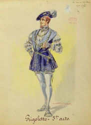 Mantuan herttuan puku Verdin (1813-1901) oopperan "Rigoletto" III näytöksestä (vesiväri paperille).