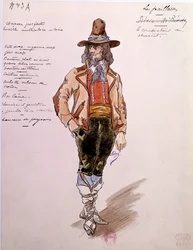 Valmentajan puku Ruggero Leoncavallon (1857-1919) oopperaan "" Paillasse"" (pagliacci, klovnit) vuodelta 1892. Charles Bianchinin (1860-1905) akvarelli