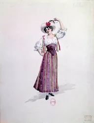 Nuoren naisen puku (Nedda vai Colombine?) Ruggero Leoncavallon (1857-1919) oopperaan "" Paillasse"" (de pagliacci, klovnit) vuodelta 1892. Charles Bianchinin (1860-1905) akvarelli