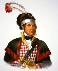 Chief McIntosh, kuvitus teoksesta "The Indian Tribes of North America", Thomas L. McKenney ja James Hall, pub. Kirjailija: John Grant (väri litho)