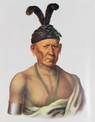 Wakechai eli "Kyyhöttävä kotka", saukkipäällikkö, kuvitus teoksesta "The Indian Tribes of North America, Vol.2", kirjoittaneet Thomas L. McKenney ja James Hall, julkaissut John Grant.