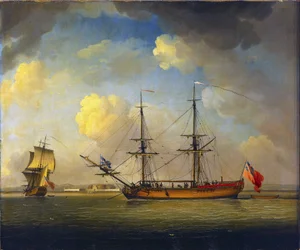 Laiva "Naval Snow", brittiläinen kaksimastoinen alus, jota käytettiin kuninkaallisen laivaston tarvikkeiden kuljetukseen, horisontissa, Fort Tilbury, Thamesilla, Englannissa.