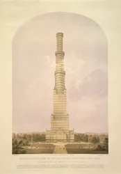 Suunnittelu Crystal Palacen muuttamiseksi 1000 jalkaa korkeaksi torniksi, pubiksi. Ackermann und Co., 1852