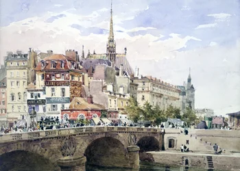 Pariisi Pont Saint-Michelin rannalla", akvarelli. Charles Claude Pyne (1802-1878) Englantilainen maisema- ja genremaalari. Taustalla Sainte-Chapelle ja Palais de Justice. Silta Seinen joki Pariisi Ranska