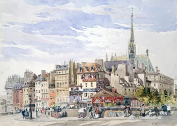 Sainte-Chapelle ja Palais de Justice Pont Saint-Michel -laiturilla". Akvarelli. Charles Claude Pyne (1802-1878) Englantilainen maisema- ja genremaalari. Pariisi, Ranska