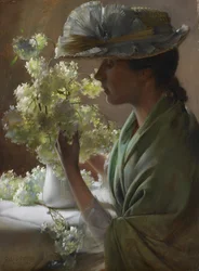 Nainen kukkakimpun kanssa (Lumipallot)