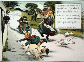 Varoitus lähestymisestä. Taide. IV.(5) Hänen tulee antaa kuuluva ja riittävä varoitus... ohittaessaan jalkamatkustajia tieliikennesääntökirjasta, julkaistu n. 1905 (väri litho)