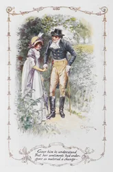 Sai hänet ymmärtämään, että hänen tunteensa olivat kokeneet niin merkittävän muutoksen", Elizabeth Bennet ja herra Darcy, kuvitus Jane Austenin teokseen "Ylpeys ja ennakkoluulo"