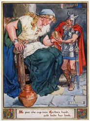 "Hän laittoi kupin Gerdan käteen ja katsoi häntä", kuvitus teoksesta "Asgardin sankarit, tarinoita skandinavian mytologiasta", A und E Keary, 1930