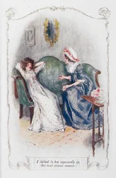 Puhuin hänen kanssaan toistuvasti mitä vakavimmalla tavalla, kuvitus Jane Austenin teoksesta "Ylpeys ja ennakkoluulo" (värilitho)