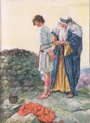 Kuoleeko Isaac? kuvitus julkaisusta Through the Bible, Virtue Publishing, 1928