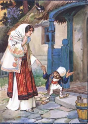 Pikkuveli Bit vei ihanan morsiamensa taloon, jonka hän oli rakentanut tälle, kohtaus Pikkuveli Bitistä Moses Gasterin lastentarinoista Romanian legendoista (1856-1939) 1921 (väri litteä)