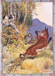 Pensaista nousi koira, kohtaus elokuvasta The Story of the Partridge, the Fox and the Hound in Childrens Stories from Romanian Legends by Moses Gaster (1856-1939) 1921