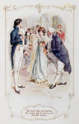Sir William Lucas: "Herra Darcy, teidän on sallittava minun esitellä tämä nuori neiti teille erittäin toivottavana tanssiparina (Elizabeth Bennet)", kuvitus Jane Austenin teokseen "Ylpeys ja ennakkoluulo"