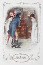 Tämä mahtava esittely tapahtui", Georgina Darcy ja hänen veljensä Fitzwilliam Darcy, Elizabeth Bennet, kuvitus Jane Austenin teokseen "Ylpeys ja ennakkoluulo"