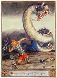 ”Thor lähti Jörmungandia vastaan”, kuvitus A ja E Kearyn teoksesta ”Asgardin sankarit, kertomuksia skandinaavisesta mytologiasta”, 1930