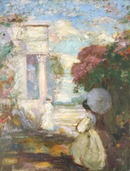 Lyyrinen maisema kahdella hahmolla 1800-luvun mekossa, 1890-1900