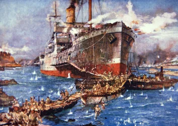 Brittijoukot Clyde-joelta laskeutuvat V Beachille, Gallipolissa, 25. huhtikuuta 1915 (värilitho)