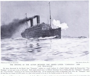 Carmania- ja Cap Trafalgar -alusten välinen alkutaistelu, Etelä-Atlantti, syyskuu 1915.